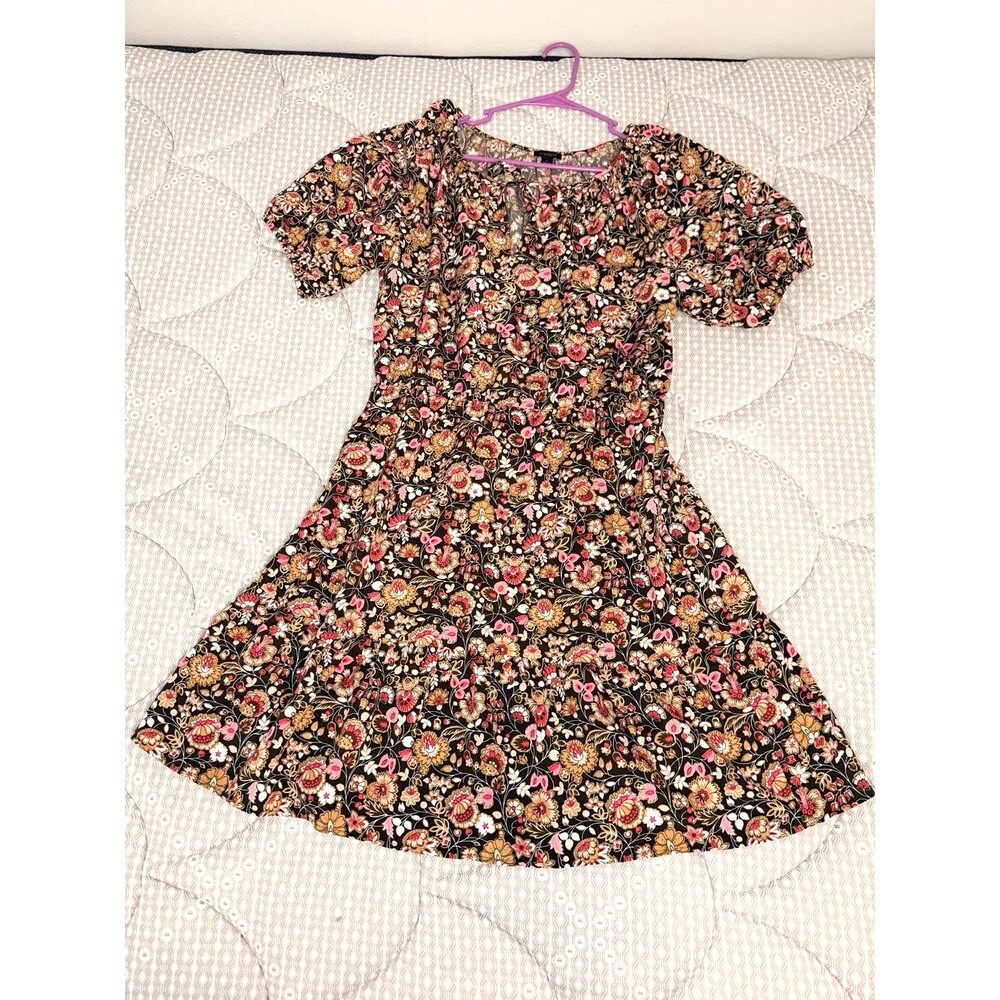 Ann Taylor Floral Fit & Flare Dress Womens L Brown Pink Puff Sleeve Cottagecore